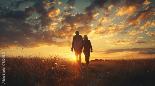 An elderly couple is walking in a field of tall grass during sunset. photo