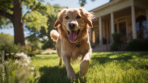 Happy running golden retriever plays on the backyard