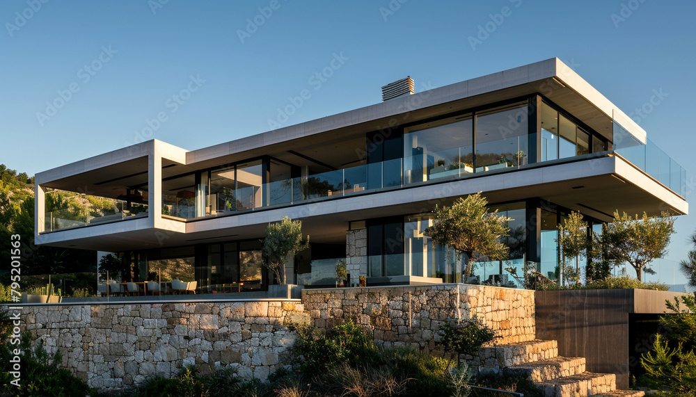 Contemporary hillside residence with cascading terraces and panoramic windows, under a clear summer sky.