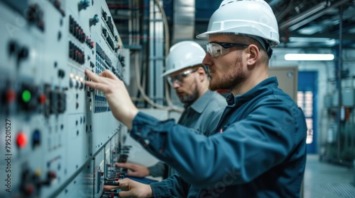 A team of electrical engineers work in front of an HVAC control panel. Technicians inspect air conditioning safety control systems. photo