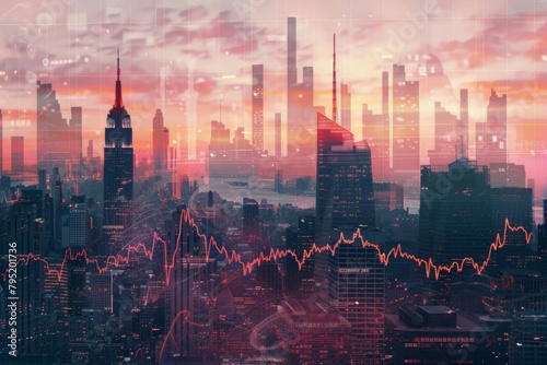 Double Exposure of Bustling City Skyline and Financial Stock Market Data