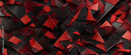 Featuring a chaotic assembly of sharp geometric red shards, this 3D artwork exudes energy and a dynamic presence, enhancing modern visual appeal