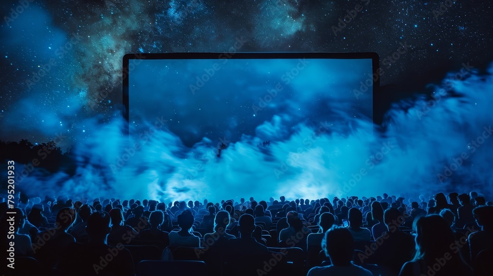 Obraz premium An outdoor movie night with a large screen and a starry night sky.