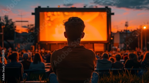 An individual enjoys an outdoor movie screening, their silhouette outlined against the screen with the city's sunset as a vibrant backdrop.