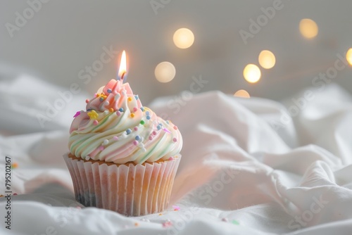 Single Cupcake With Lit Candle Celebrating a Birthday in a Softly Lit White Sheet Setting