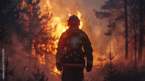 Back view of a lone firefighter geared up and confronting an intense and dangerous forest fire, surrounded by smoke and flames.