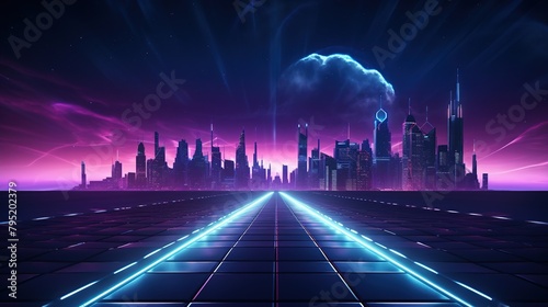 Synthwave-style landscape with urban high-rises, and sun. Backdrop for banner, retrowave, synthwave, cyberpunk style