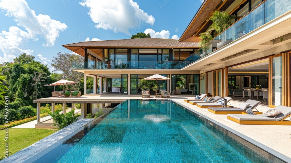 The exterior design of houses, houses and villas includes swimming pools.