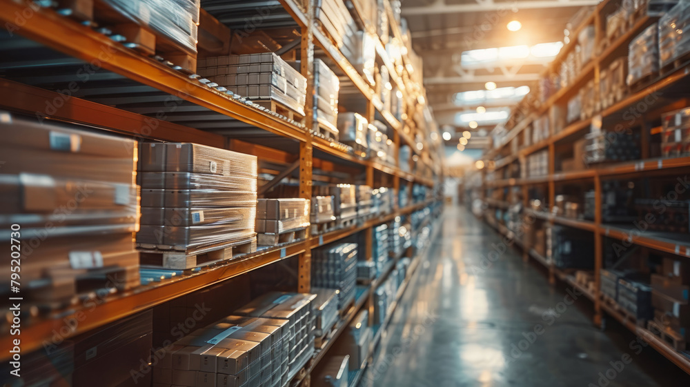 Warehouse shelves with boxes