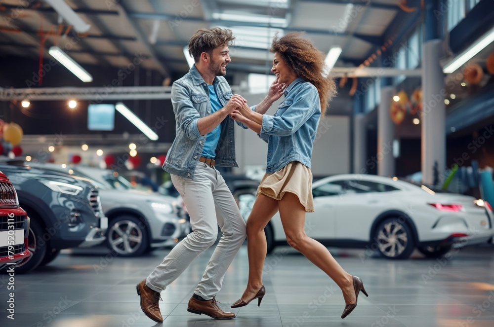 Joyful couple dancing and celebrating their new car purchase in a showroom.