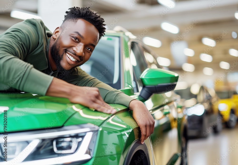 Cheerful African American man leaning on a new green car at a dealership showroom. Cheerful African American man leaning on a new green car at a dealership showroom.