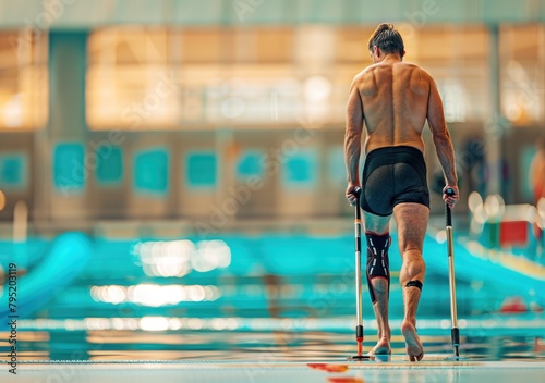 paralympic swimmer with a prosthetic leg standing by the poolside, focused and ready to dive in.