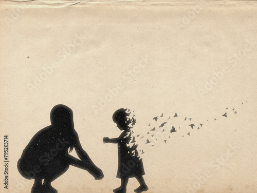 Mother and child silhouette. Dying girl and birds. Death and afterlife
