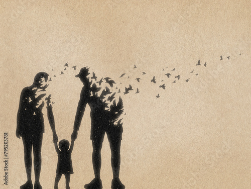 Family silhouette. Child and dying parent outline. Death and afterlife