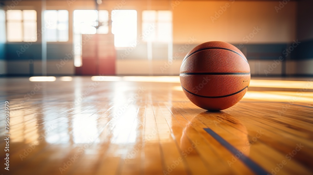Naklejka premium Close-up of a basketball on the wooden floor of the basketball court in the stadium.