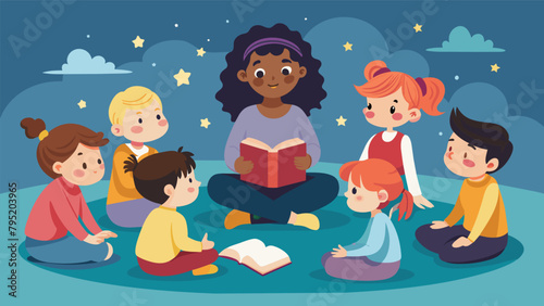 A group of children sit on a cozy carpet listening intently as a guest storyteller shares tales of adventure and magic at a Little Librarian Day