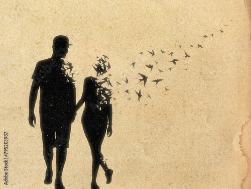 Lovers silhouette. Loss of loved one. Death and afterlife. Flying bird