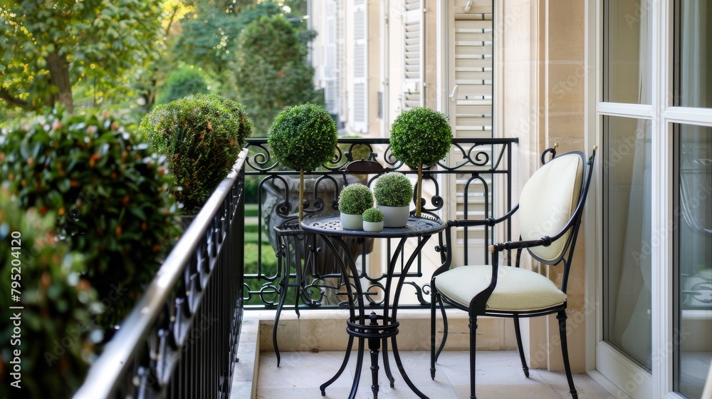 Fototapeta premium Elegant balcony with lush greenery and classical wrought iron railing