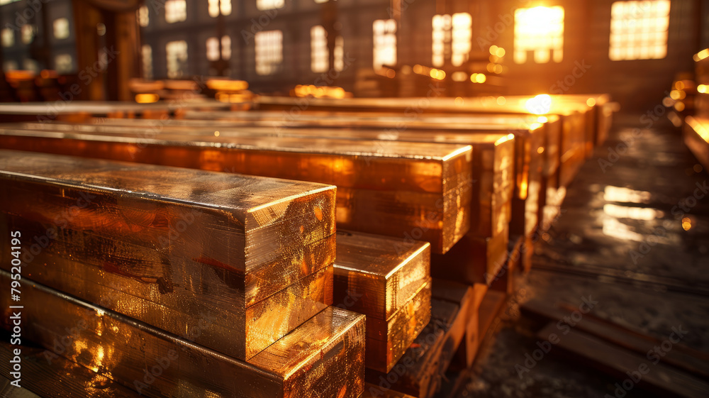 Stacked copper ingots in a warehouse Stacked copper ingots in a warehouse