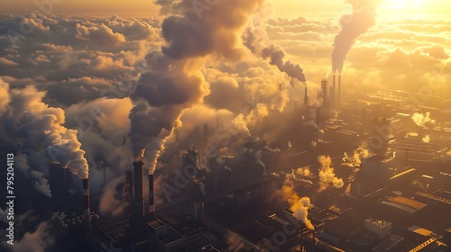 Dramatic industrial sunrise with smokestacks, pollution and vibrant skies. Environmental impact in a powerful image. Captured from above. Perfect for editorials. AI photo