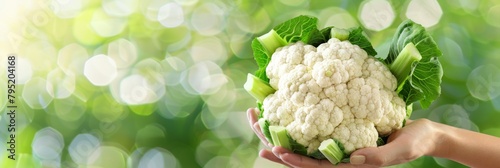 Hand holding fresh cauliflower on blurred background with space for text placement