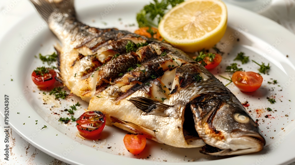 Grilled whole fish on a plate with lemon and tomatoes. Perfect dish for a healthy meal. Ideal for a seafood restaurant menu. Captured in bright natural light. AI