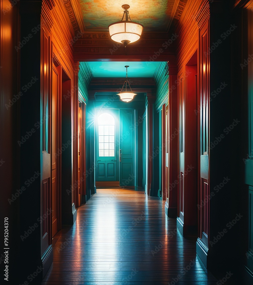 Dark corridor perspective view, turquoise and red color tone.