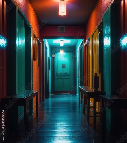 Dark corridor perspective view  turquoise and red color tone.