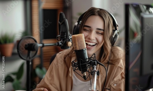 Cheerful young woman with headphones and microphone recording a podcast at studio.