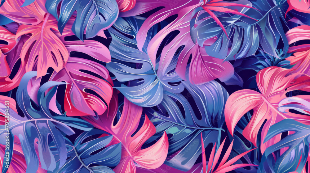 Trendy Tropical Decor. Exotic Monstera Leaves in Pink and Blue