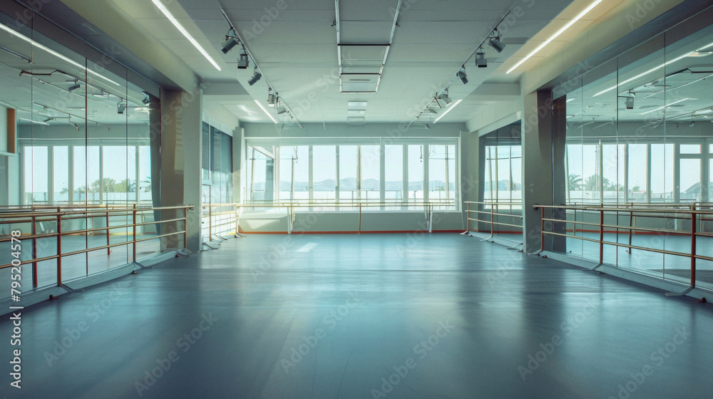 A large empty dance studio with a glass wall A large empty dance studio with a glass wall