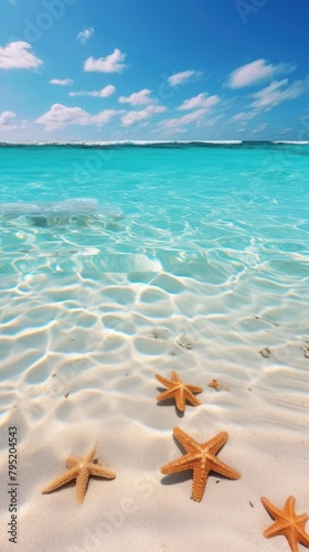 Desert bottom with starfish in the Caribbean Sea underwater outdoors horizon.