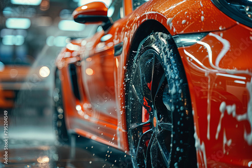 Auto detailing professional utilizing a high-pressure washer to clean a sports car photo