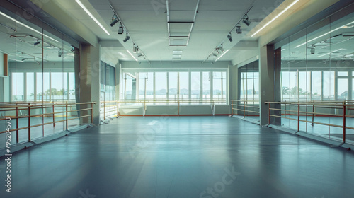 A large empty dance studio with a glass wall
