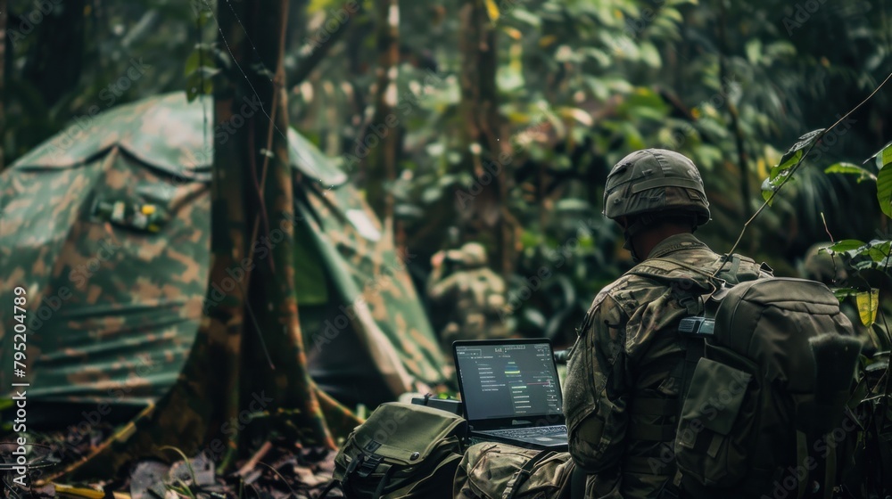 a military operation, soldiers use military grade laptops to target enemy satellites. a military operation, soldiers use military grade laptops to target enemy satellites.