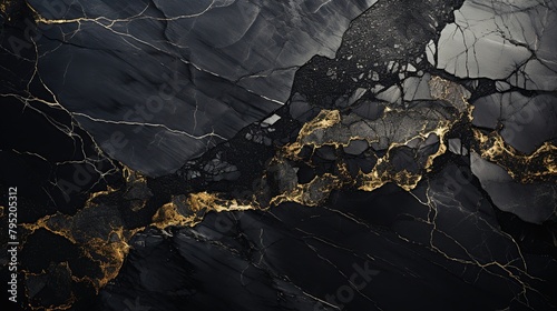 Black marble stone pattern background with slight gold color variations. Black marble floor and wall tile
