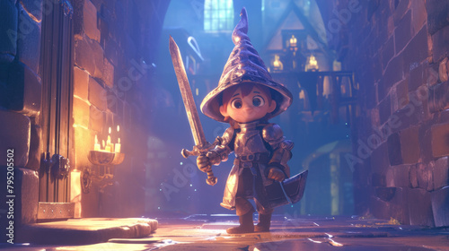 A cartoon 3D character exploring a medieval castle, the character is a charming knight with oversized armor and a comical sword, the setting is an ancient castle with dramatic lighting