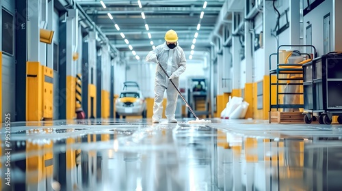 Industrial cleanliness maintained by a diligent worker in a safety suit. A spotless factory floor reflects strict hygiene standards. Professional cleaning service in action. AI