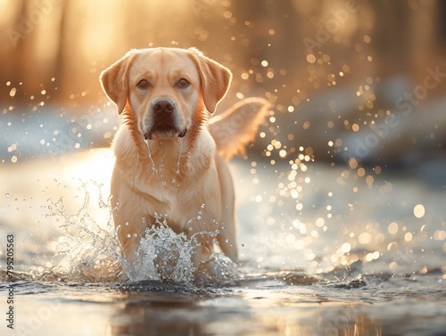 A dog is running in the water, splashing around and enjoying the coolness of the water