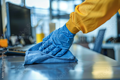 Custodial staff member wiping down a desk surface with a cleaning cloth in an office environment