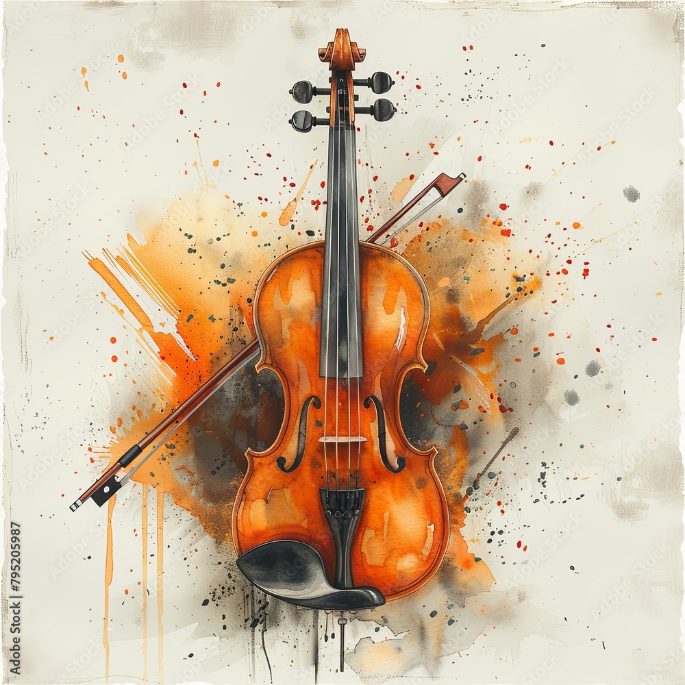 A watercolor painting of a violin with a bow. The violin is in the ...