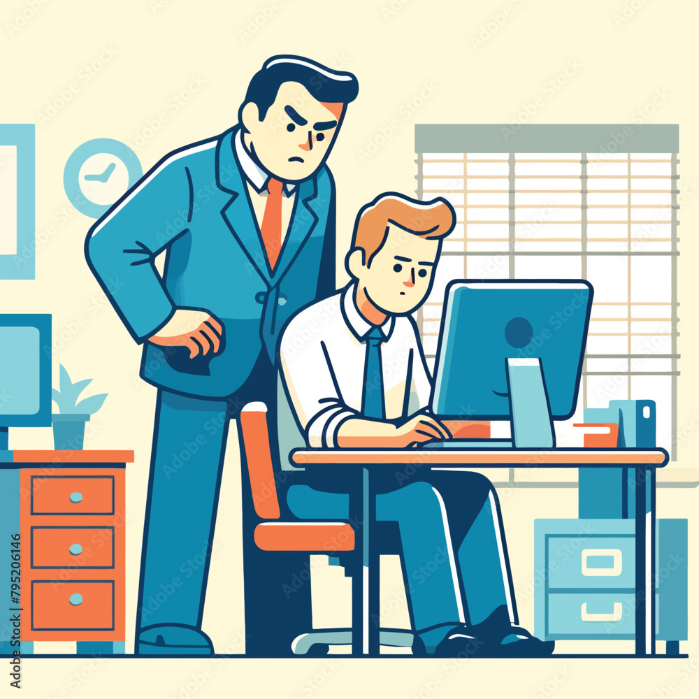 illustration of a boss monitoring a businessman working on a computer illustration of a boss monitoring a businessman working on a computer