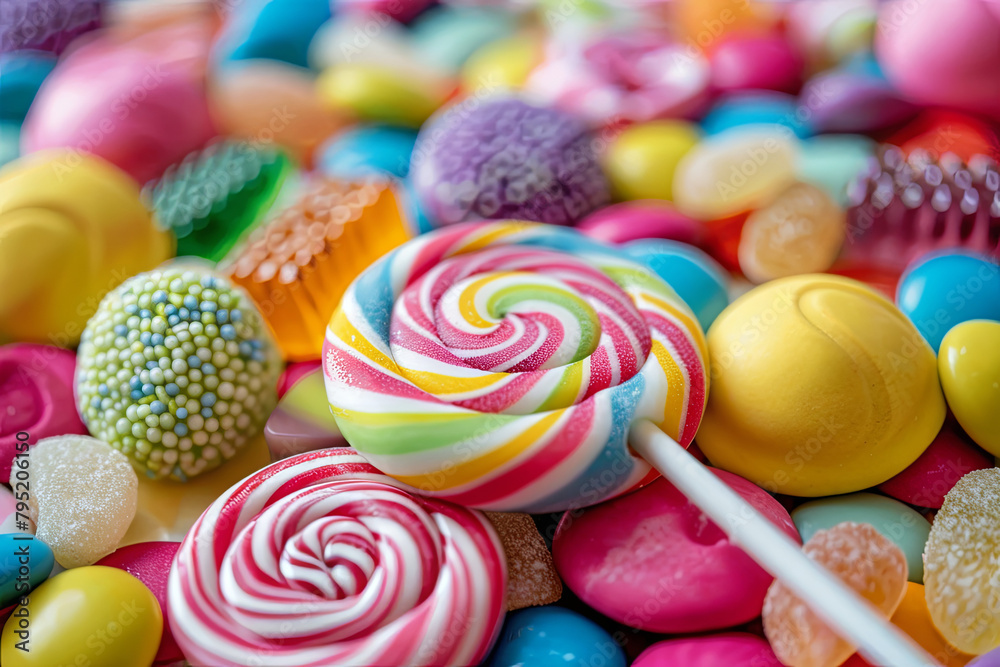 Swirled lollipop centered amidst an array of assorted candies Swirled lollipop centered amidst an array of assorted candies