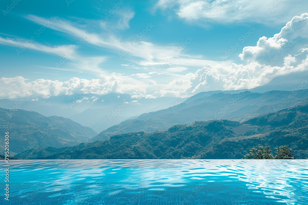 A panoramic shot of an infinity pool, offering a mesmerizing view of the distant mountains.