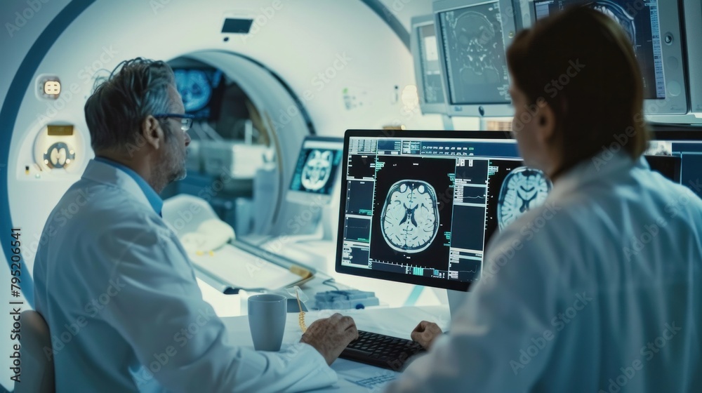 Neurologist and neurosurgeon talk use computer Analyzing a patient's MRI scan. Brain diagnosis. Health clinic lab. Neurologist and neurosurgeon talk use computer Analyzing a patient's MRI scan. Brain diagnosis. Health clinic lab.