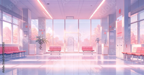 Waiting Room With Many Windows and Seating Without People. Minimalist Interior In Pink Tones. Flat Illustration