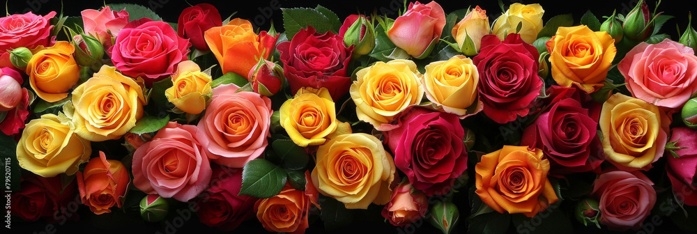 close up red yellow pink roses background, colorful roses
