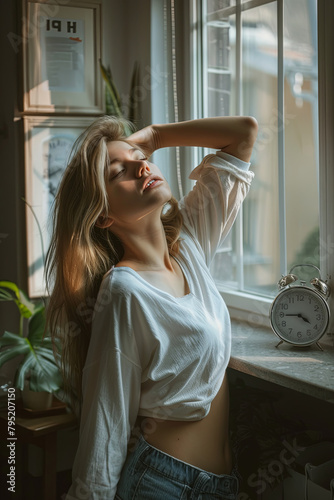 Woman stretching after waking in the morning, beside a window with an alarm clock nearby. Concepts of relaxation and leisure photo