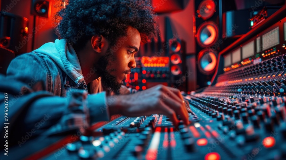 Sound engineer working in a music recording studio Using a mixing board to create modern sounds Sound engineer working in a music recording studio Using a mixing board to create modern sounds