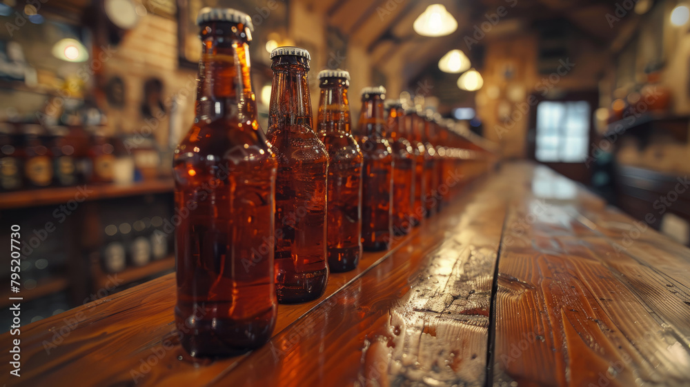 Bottles lined up on bar counter.